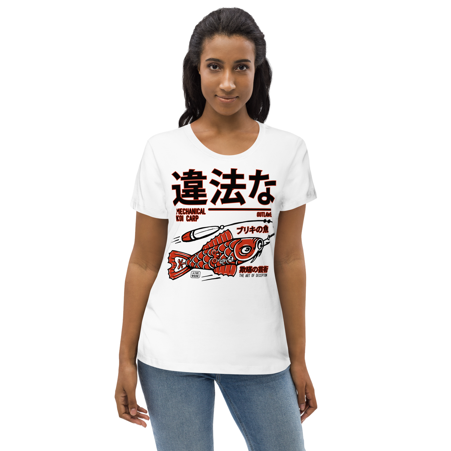 Tin kio decoy - Red on white with rear art fitted eco tee - Firebone
