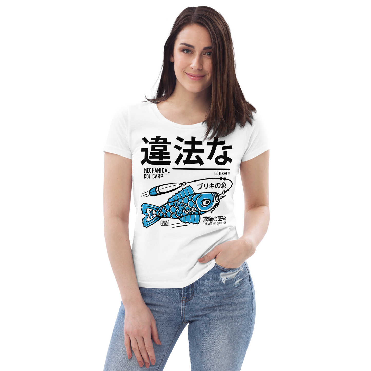 Tin koi decoy - Blue on white fitted eco tee - Firebone