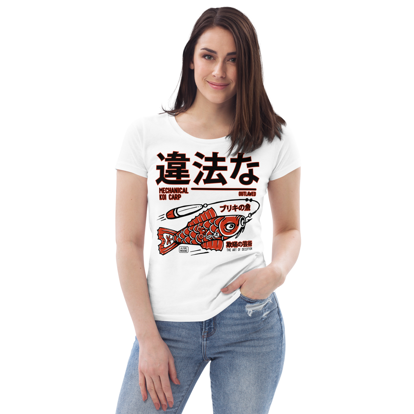 Tin kio decoy - Red on white with rear art fitted eco tee - Firebone