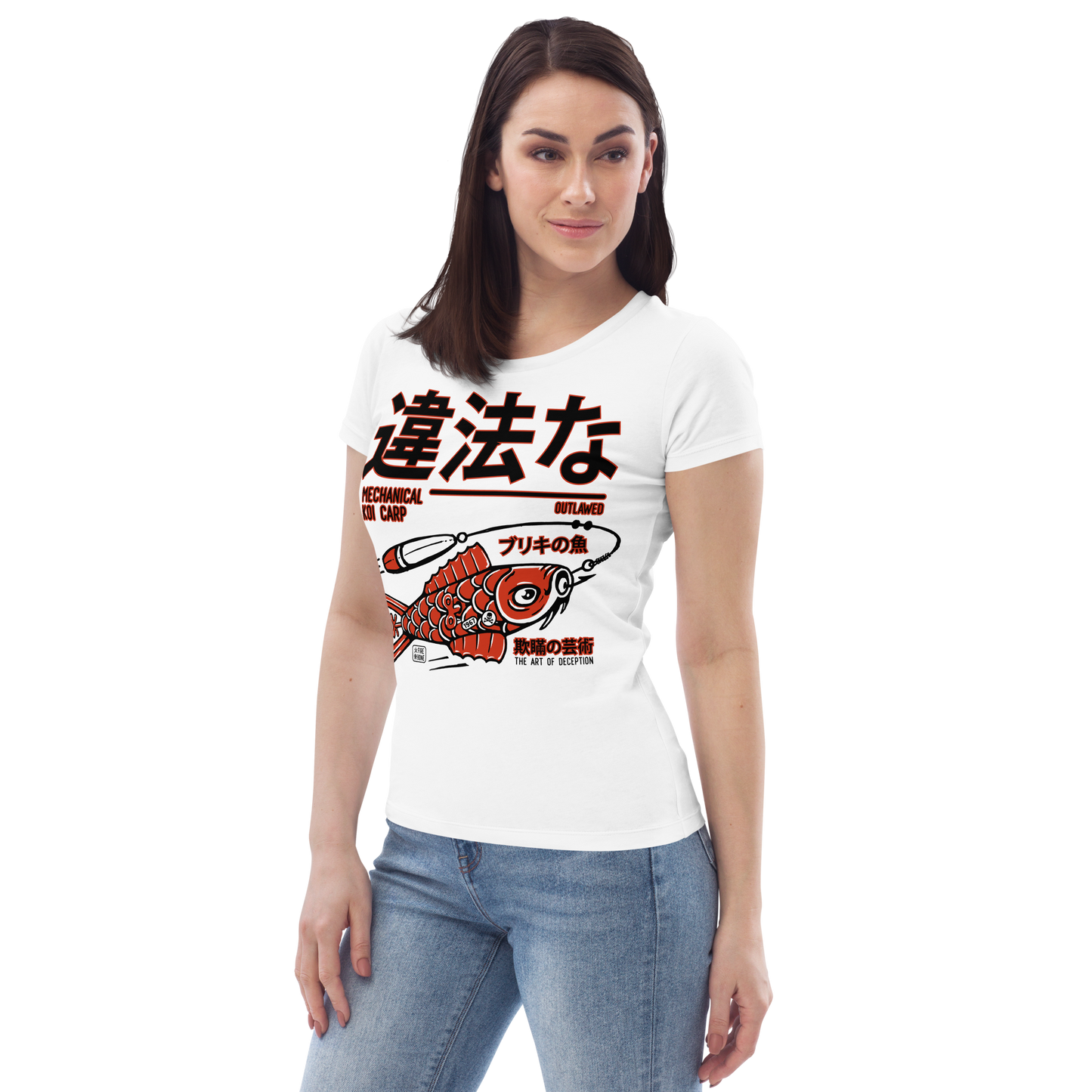 Tin kio decoy - Red on white with rear art fitted eco tee - Firebone
