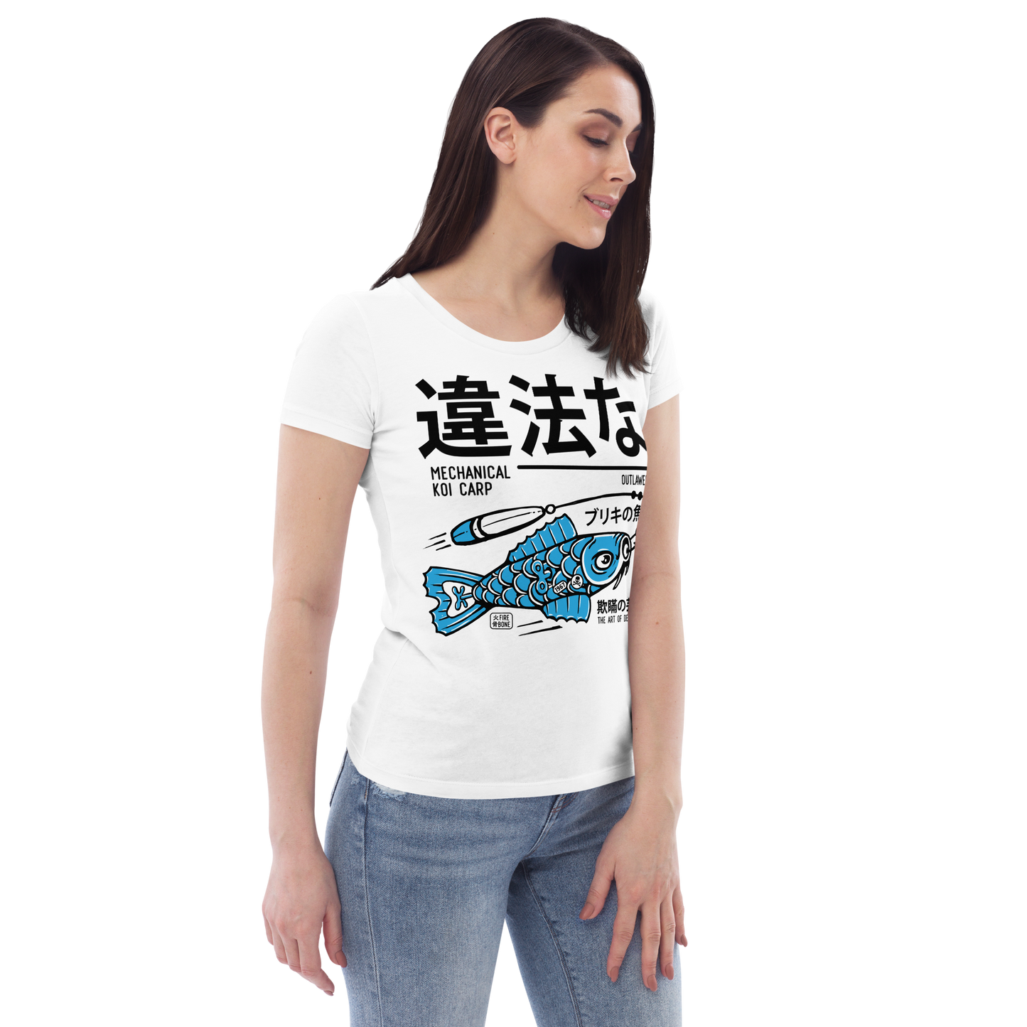 Tin koi decoy - Blue on white fitted eco tee - Firebone