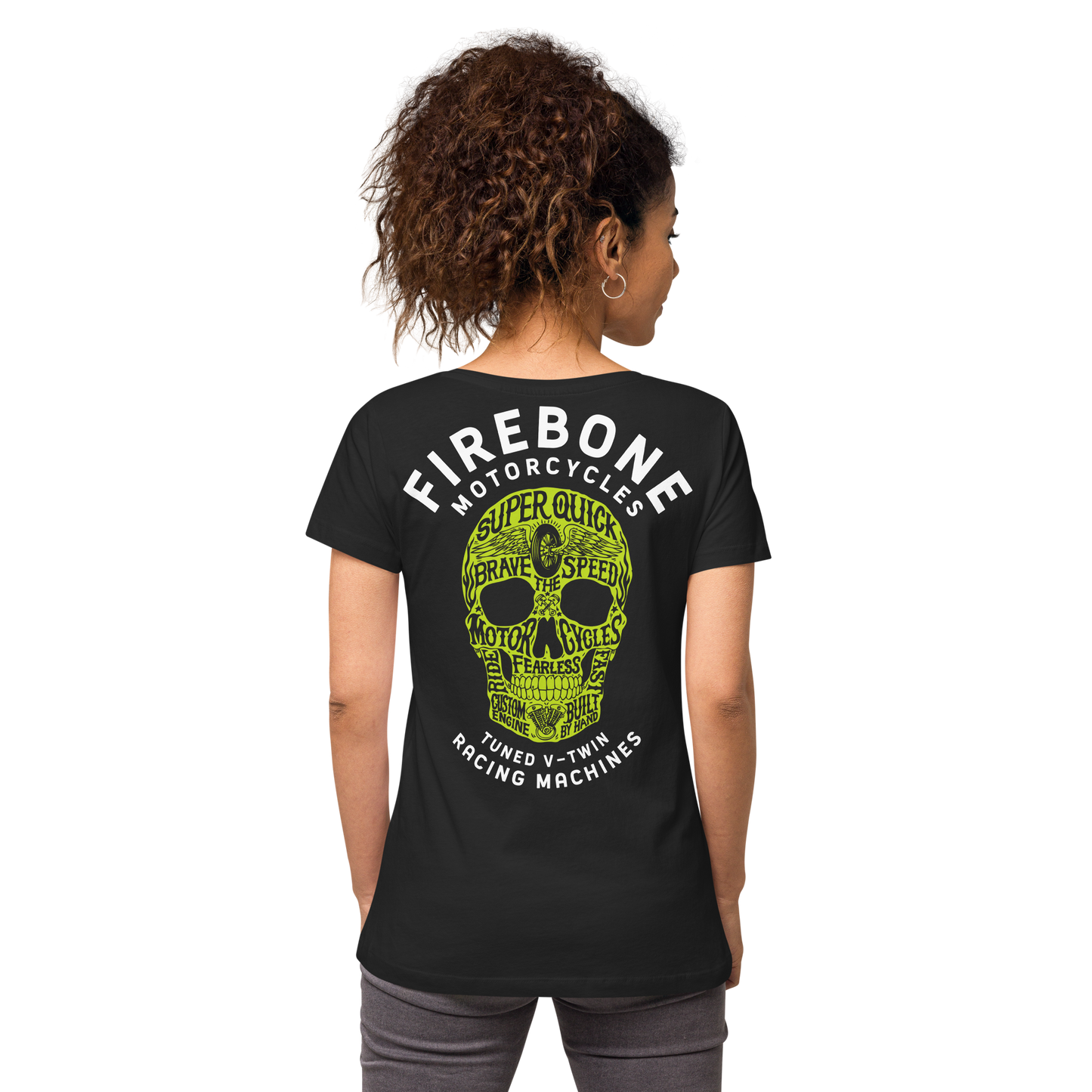Super quick skull - Green on black fitted v-neck t-shirt - Firebone