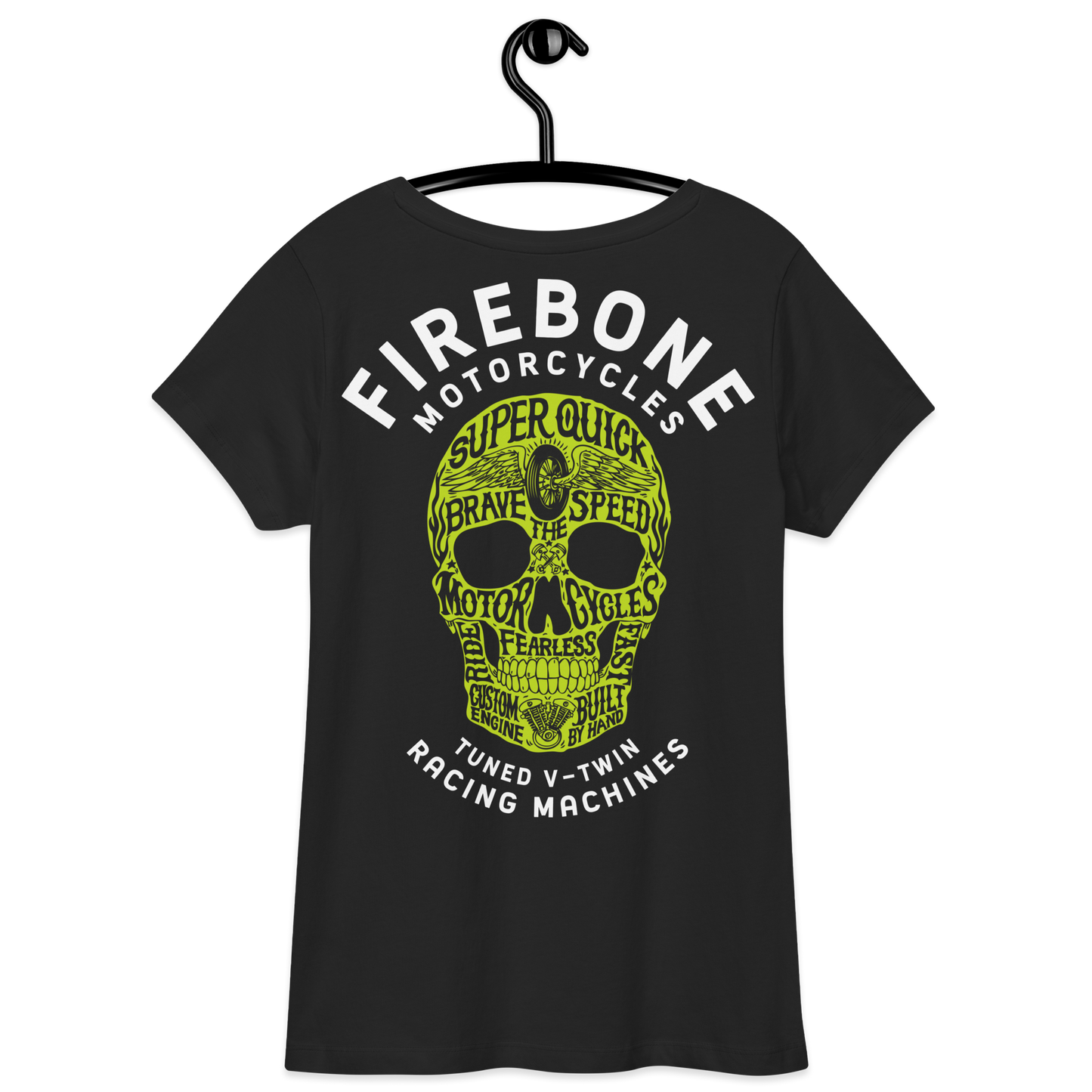 Super quick skull - Green on black fitted v-neck t-shirt - Firebone