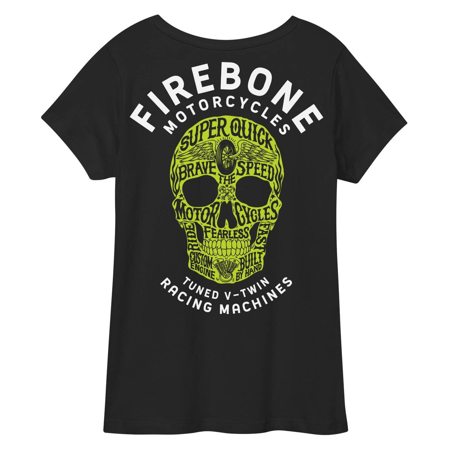 Super quick skull - Green on black fitted v-neck t-shirt - Firebone