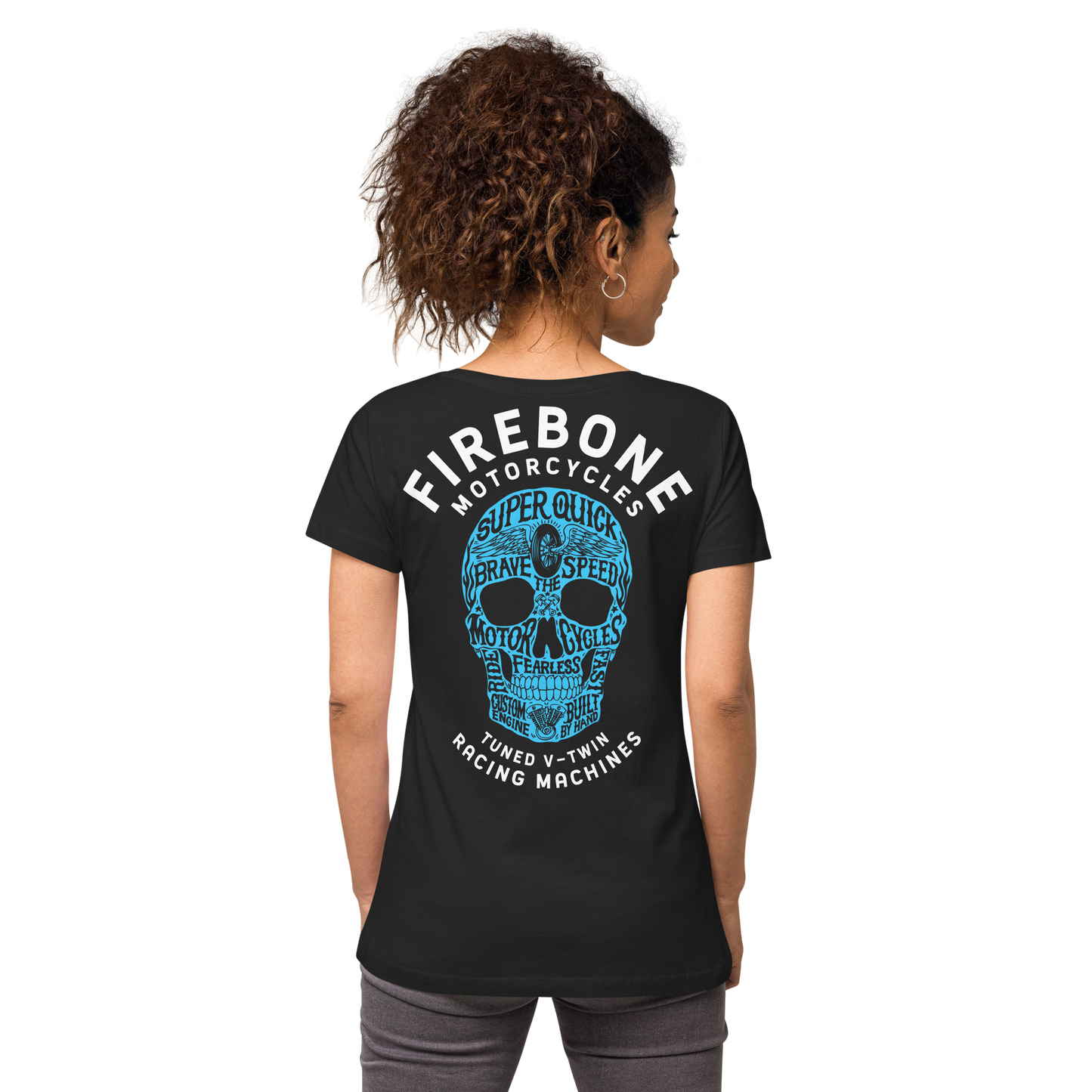 Super quick skull -Blue on black fitted v-neck t-shirt - Firebone