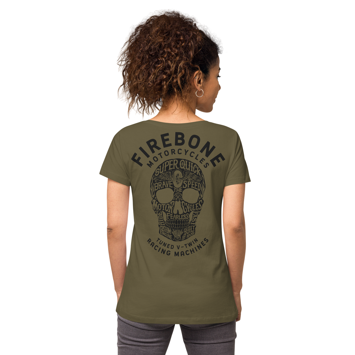 Super quick skull - Black on olive fitted v-neck t-shirt - Firebone