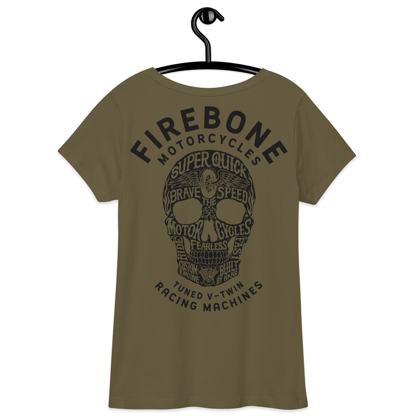 Super quick skull - Black on olive fitted v-neck t-shirt - Firebone