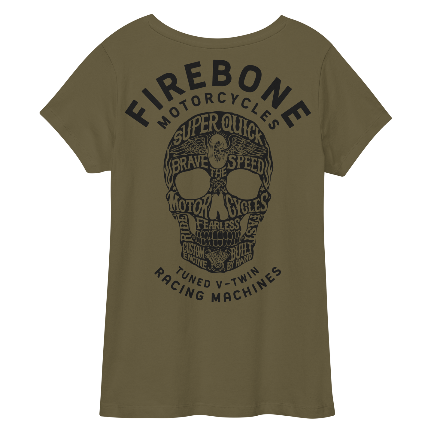 Super quick skull - Black on olive fitted v-neck t-shirt - Firebone