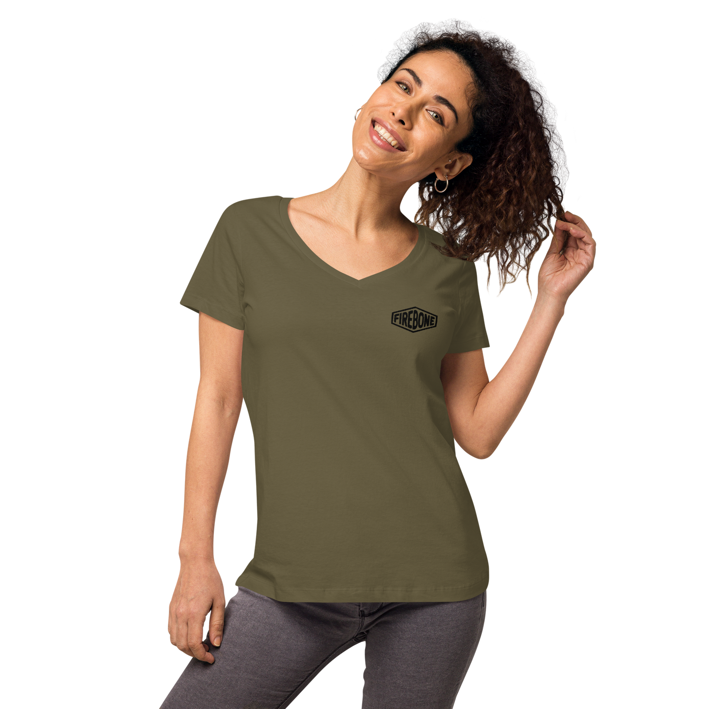 Super quick skull - Black on olive fitted v-neck t-shirt - Firebone