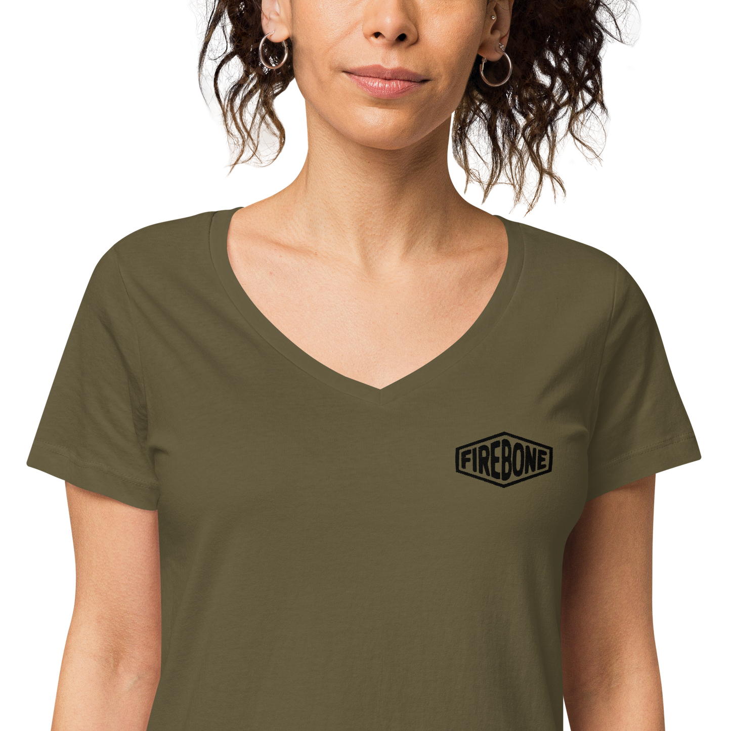 Super quick skull - Black on olive fitted v-neck t-shirt - Firebone