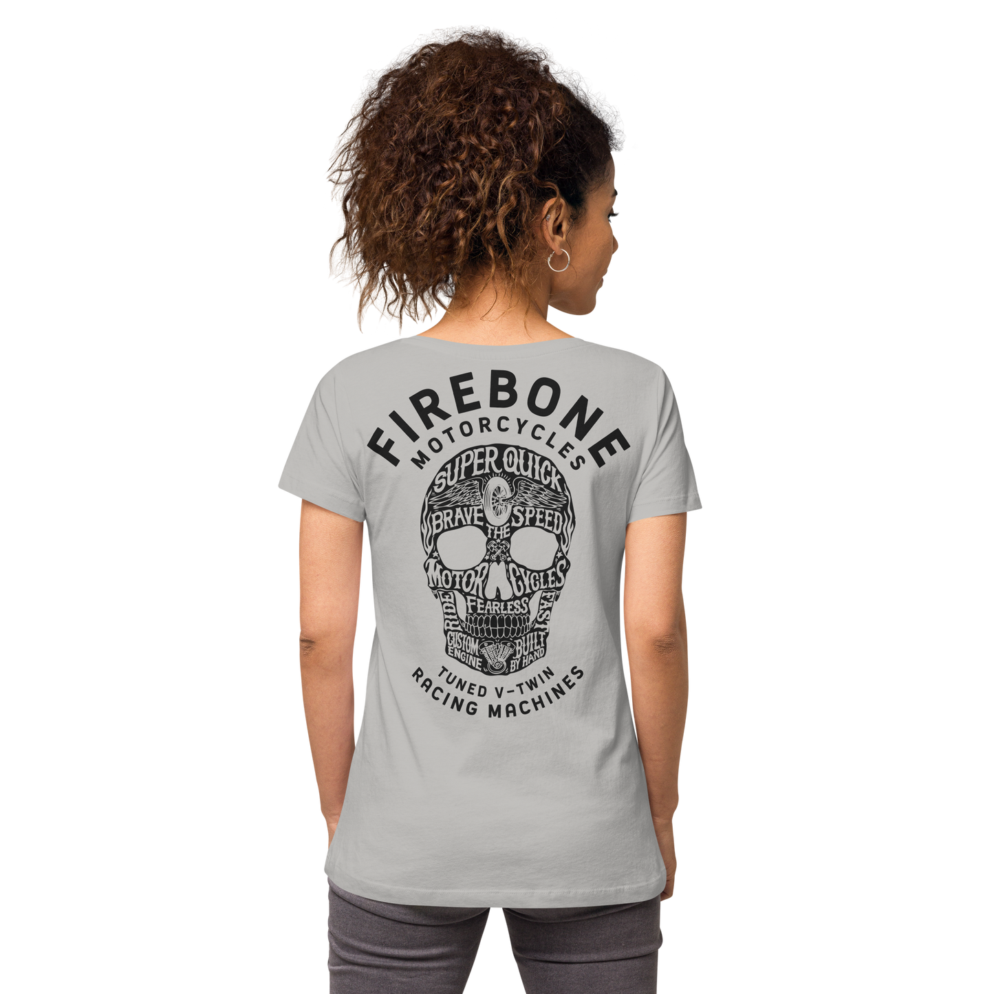 Super quick skull - Black on grey fitted v-neck t-shirt - Firebone