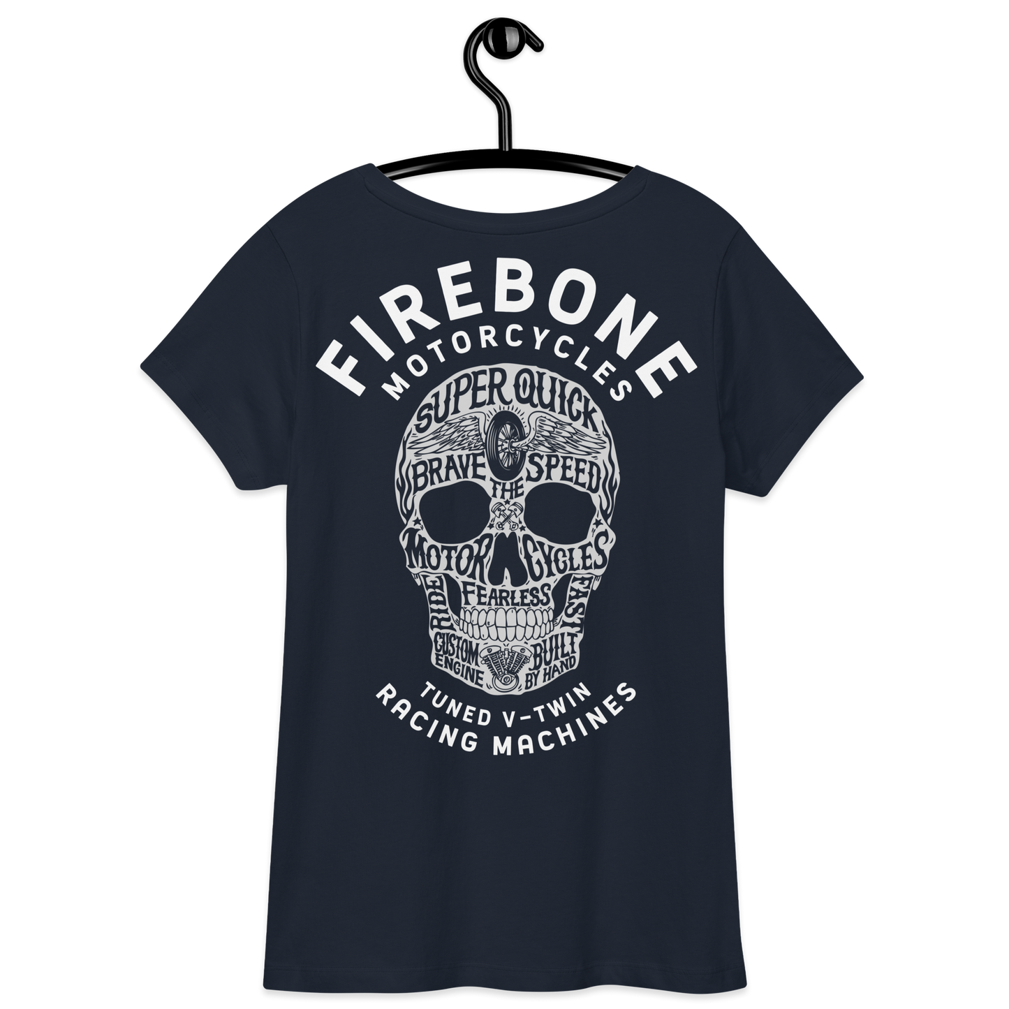 Super quick skull - Grey on navy fitted v-neck t-shirt - Firebone