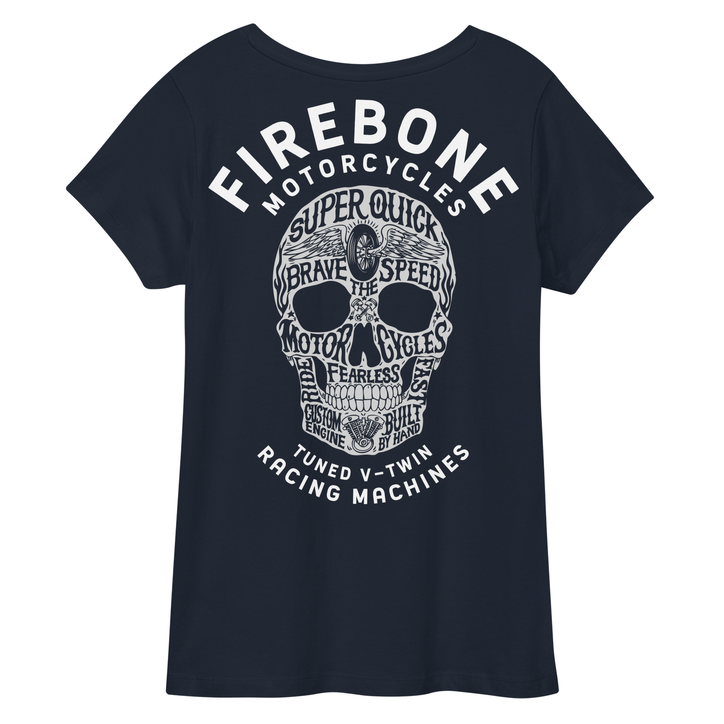 Super quick skull - Grey on navy fitted v-neck t-shirt - Firebone