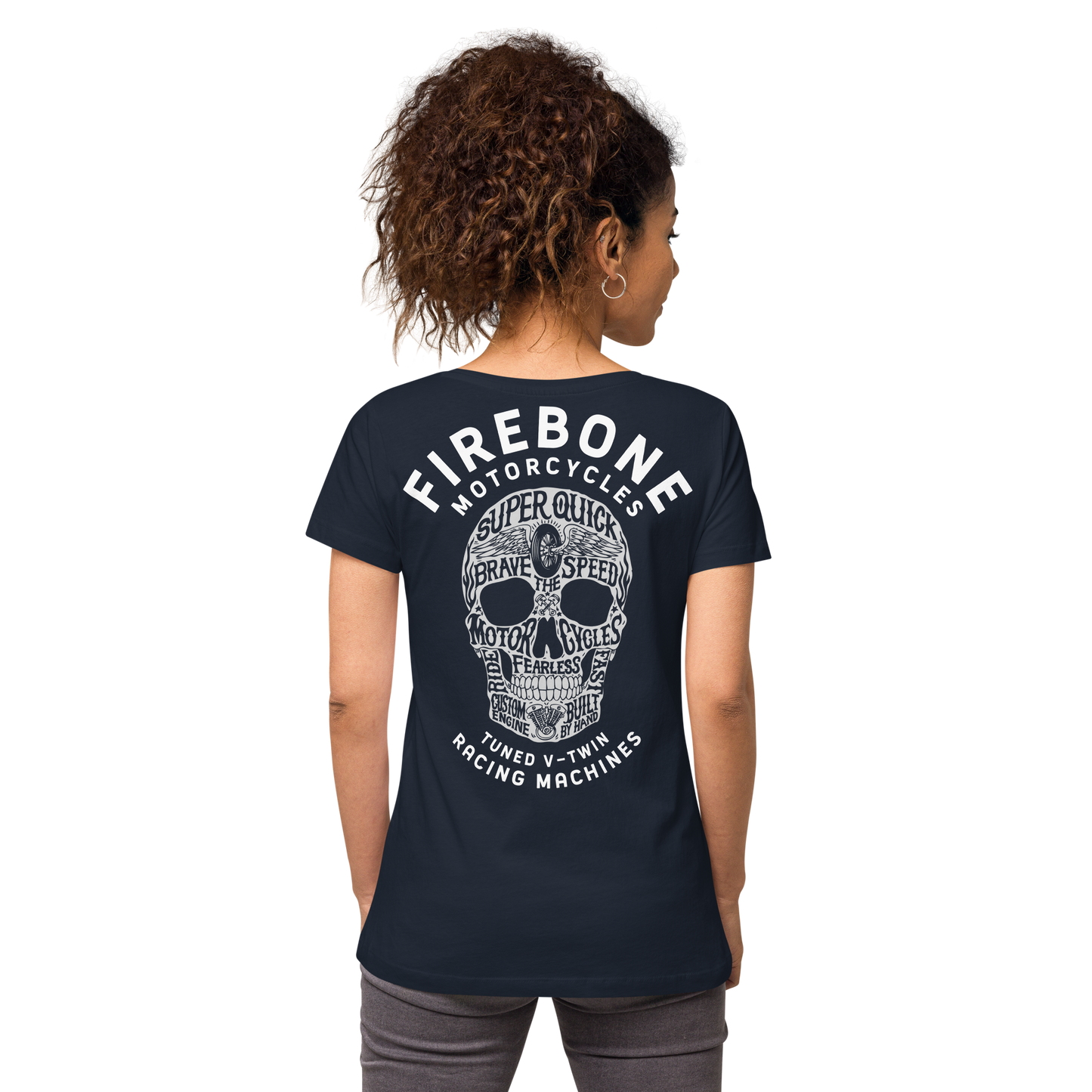 Super quick skull - Grey on navy fitted v-neck t-shirt - Firebone