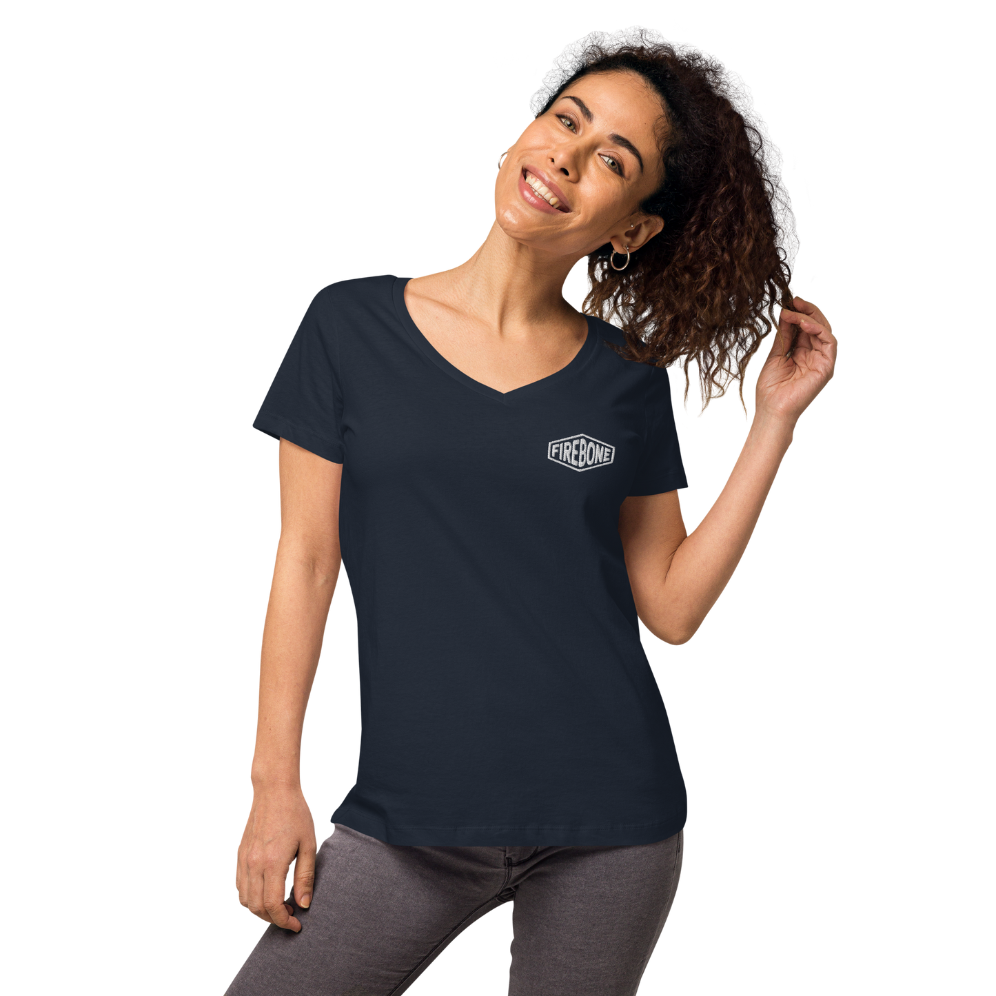 Super quick skull - Grey on navy fitted v-neck t-shirt - Firebone