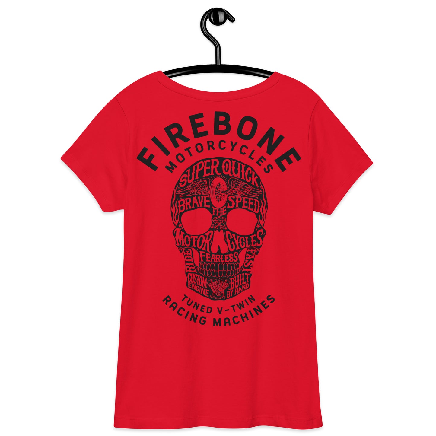 Super quick skull - Black on red fitted v-neck t-shirt - Firebone