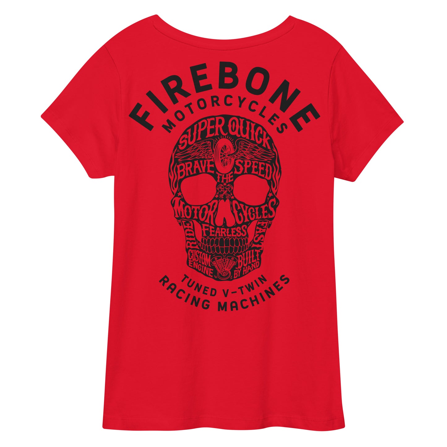 Super quick skull - Black on red fitted v-neck t-shirt - Firebone