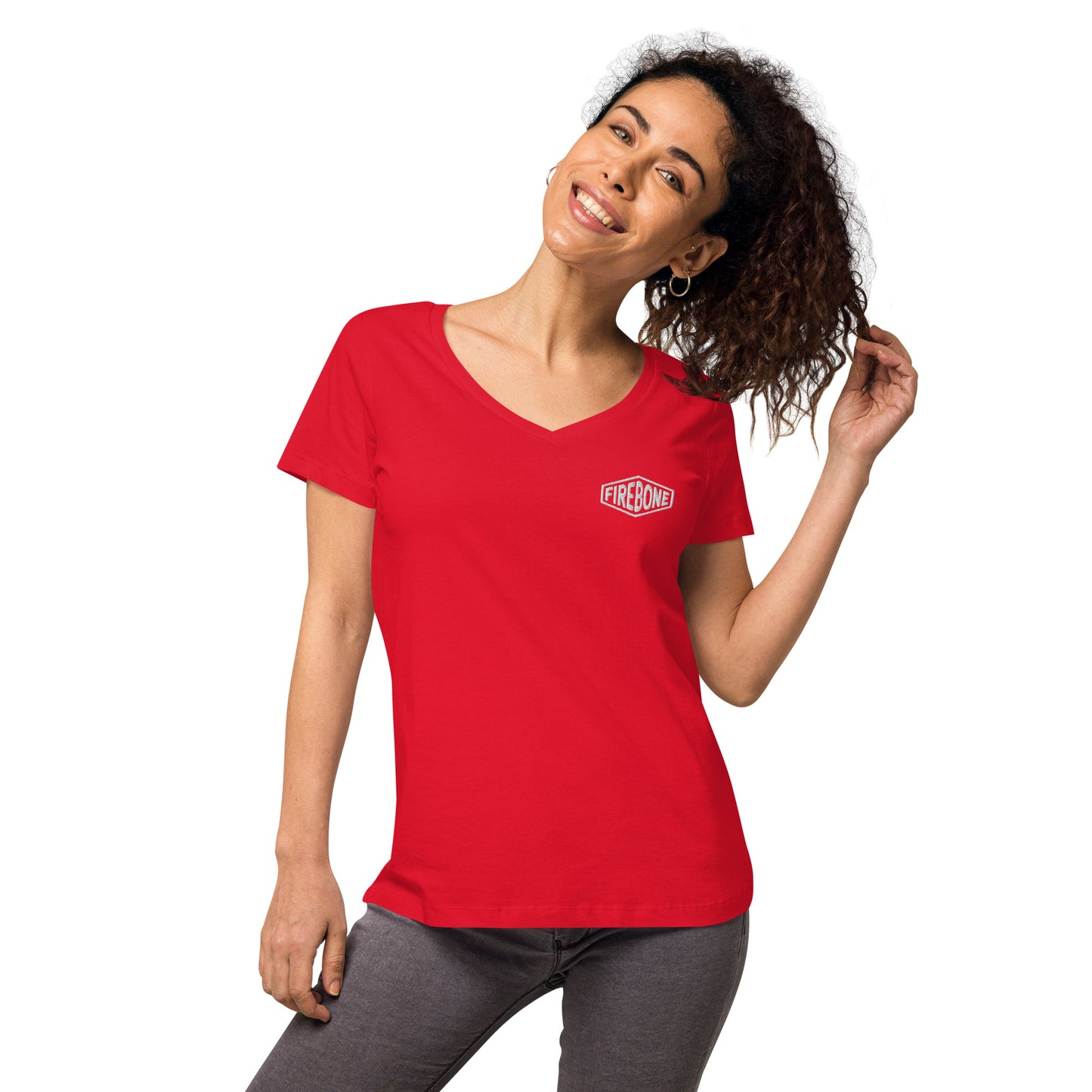Super quick skull - Black on red fitted v-neck t-shirt - Firebone