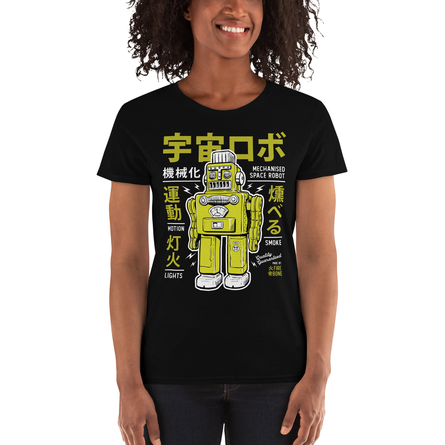 Smoking robot - Lime on black short sleeve t-shirt - Firebone