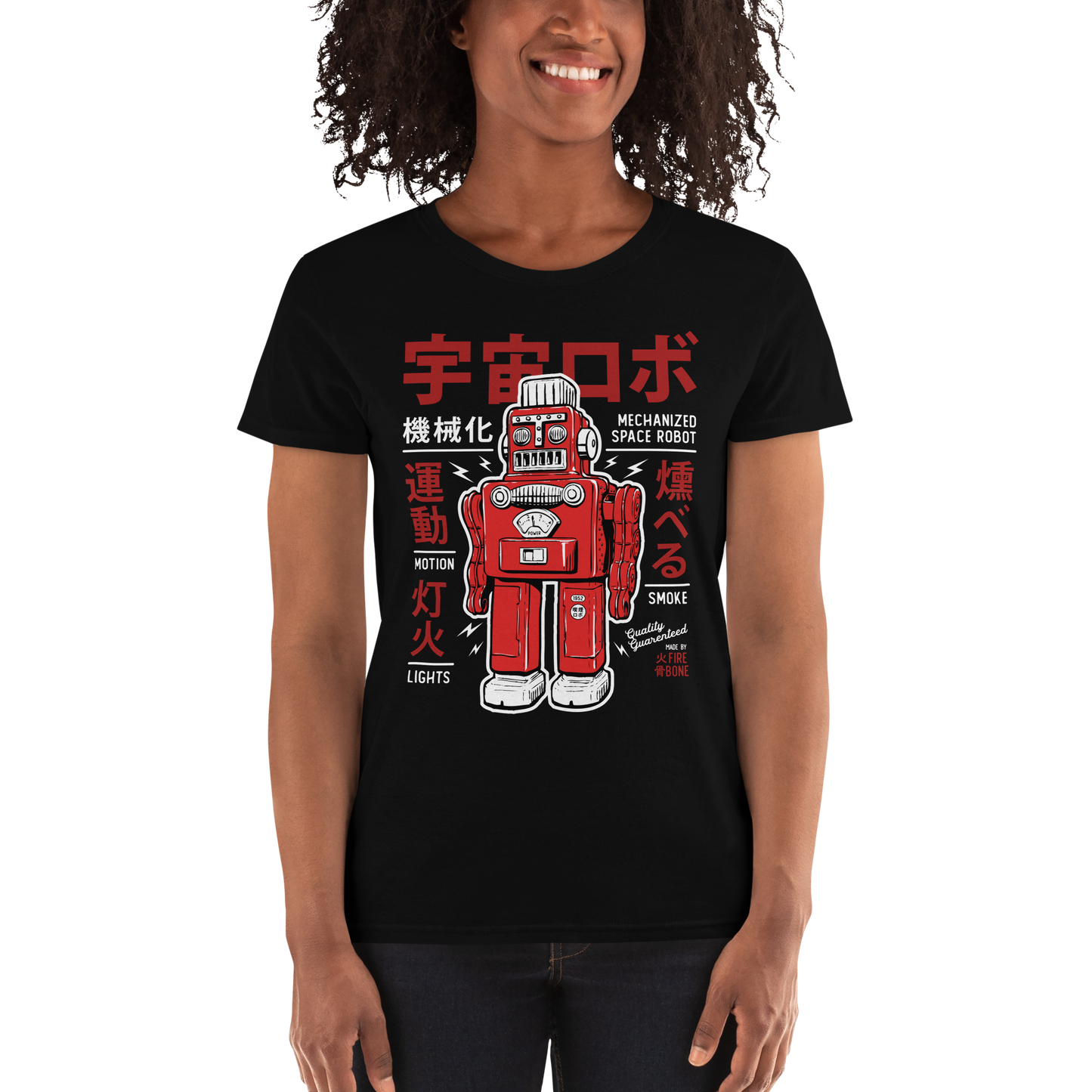 Smoking robot - Red on black short sleeve t-shirt - Firebone