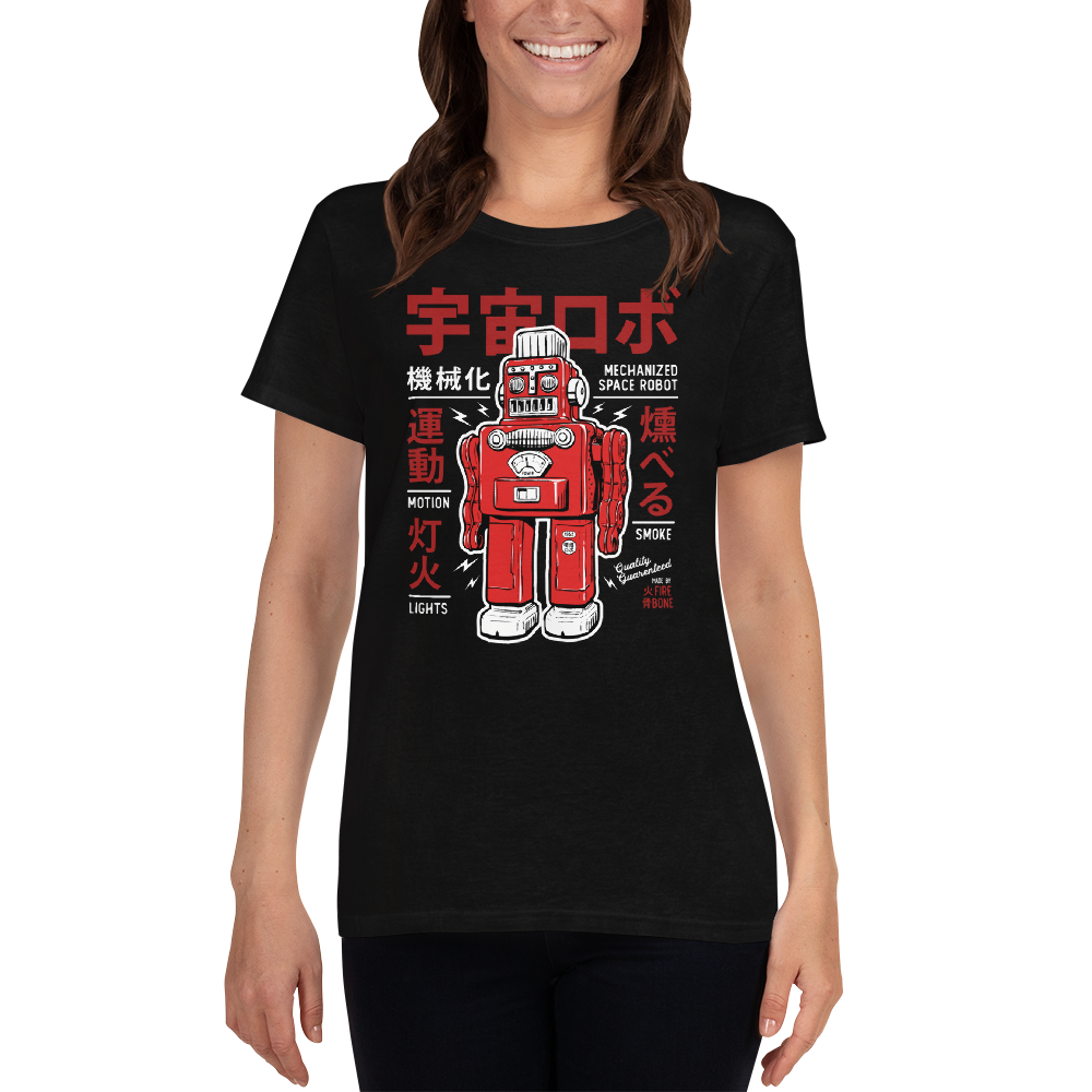 Smoking robot - Red on black short sleeve t-shirt - Firebone