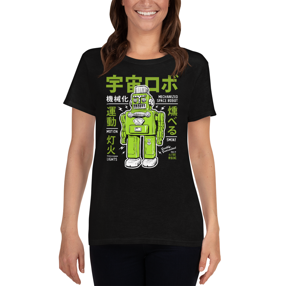 Smoking robot - Green on black short sleeve t-shirt - Firebone
