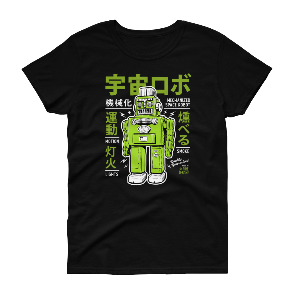 Smoking robot - Green on black short sleeve t-shirt - Firebone