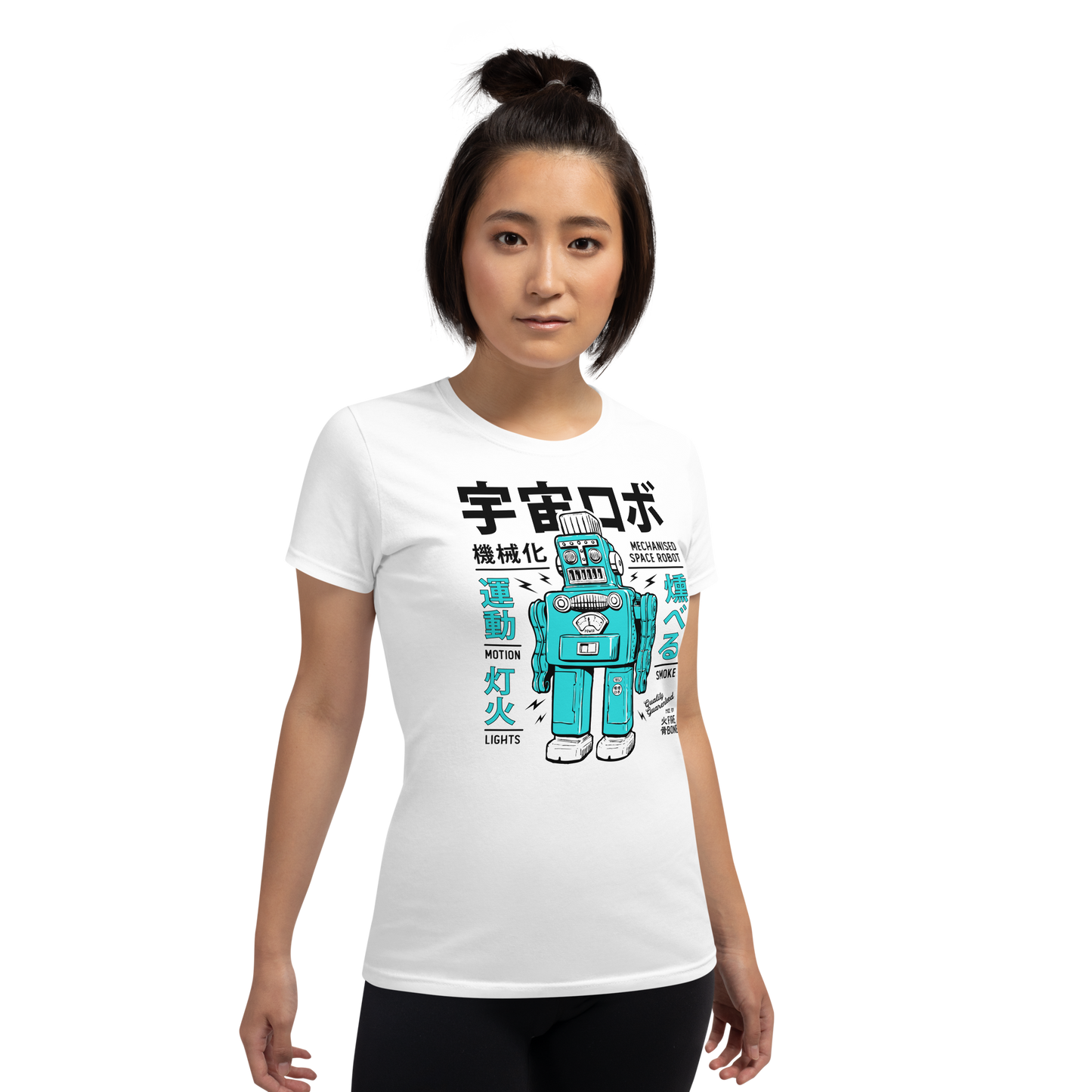 Smoking robot - Teal on white short sleeve t-shirt - Firebone