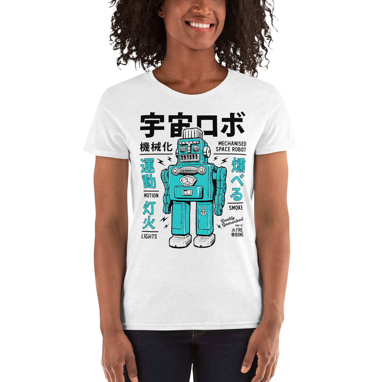 Smoking robot - Teal on white short sleeve t-shirt - Firebone