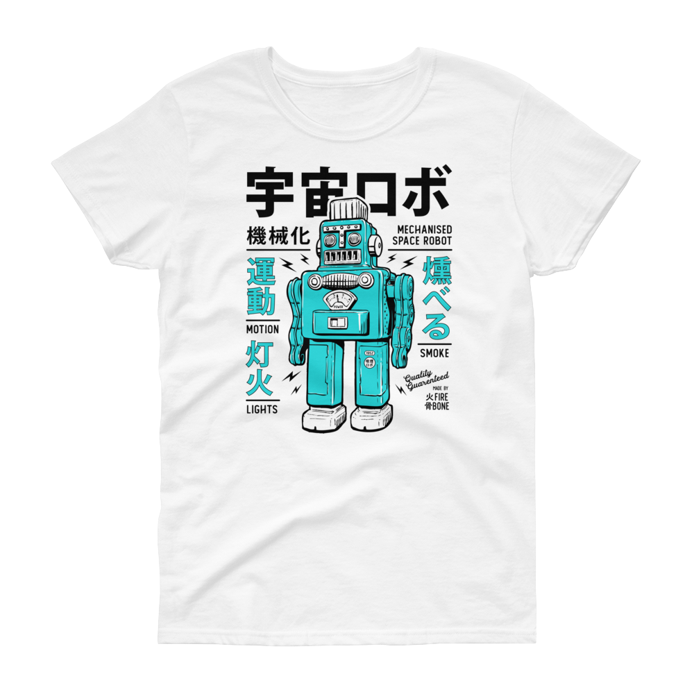 Smoking robot - Teal on white short sleeve t-shirt - Firebone