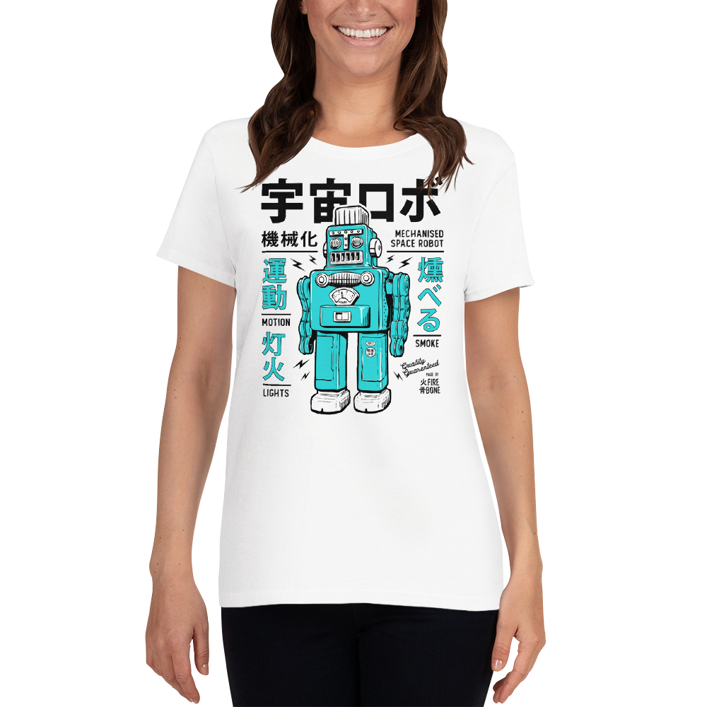 Smoking robot - Teal on white short sleeve t-shirt - Firebone