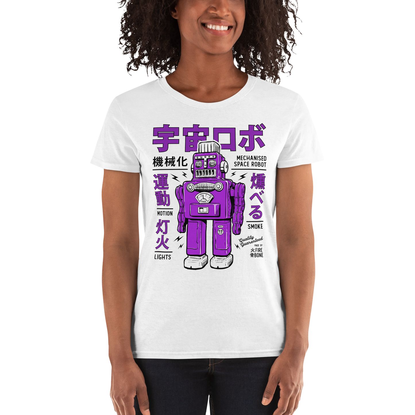 Smoking robot - Purple on white short sleeve t-shirt - Firebone