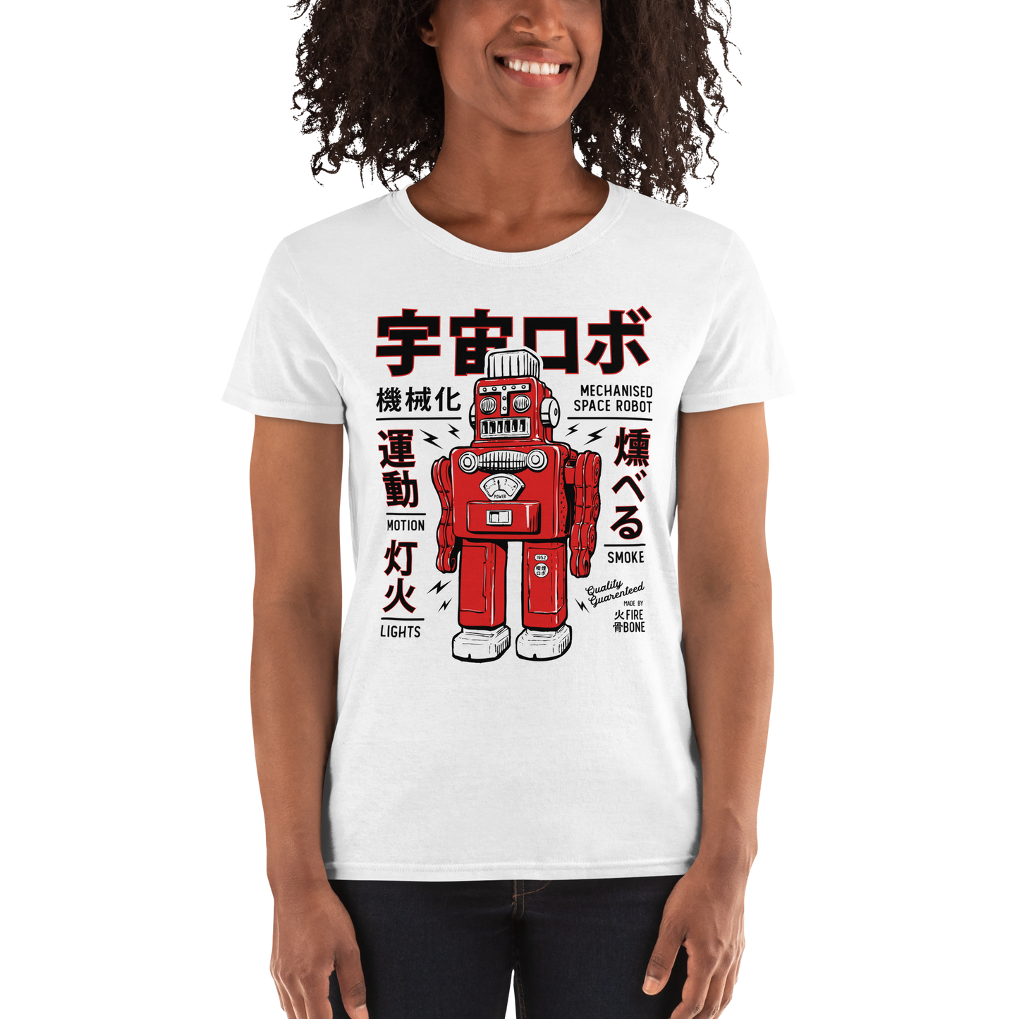 Smoking robot - Red on white short sleeve t-shirt - Firebone