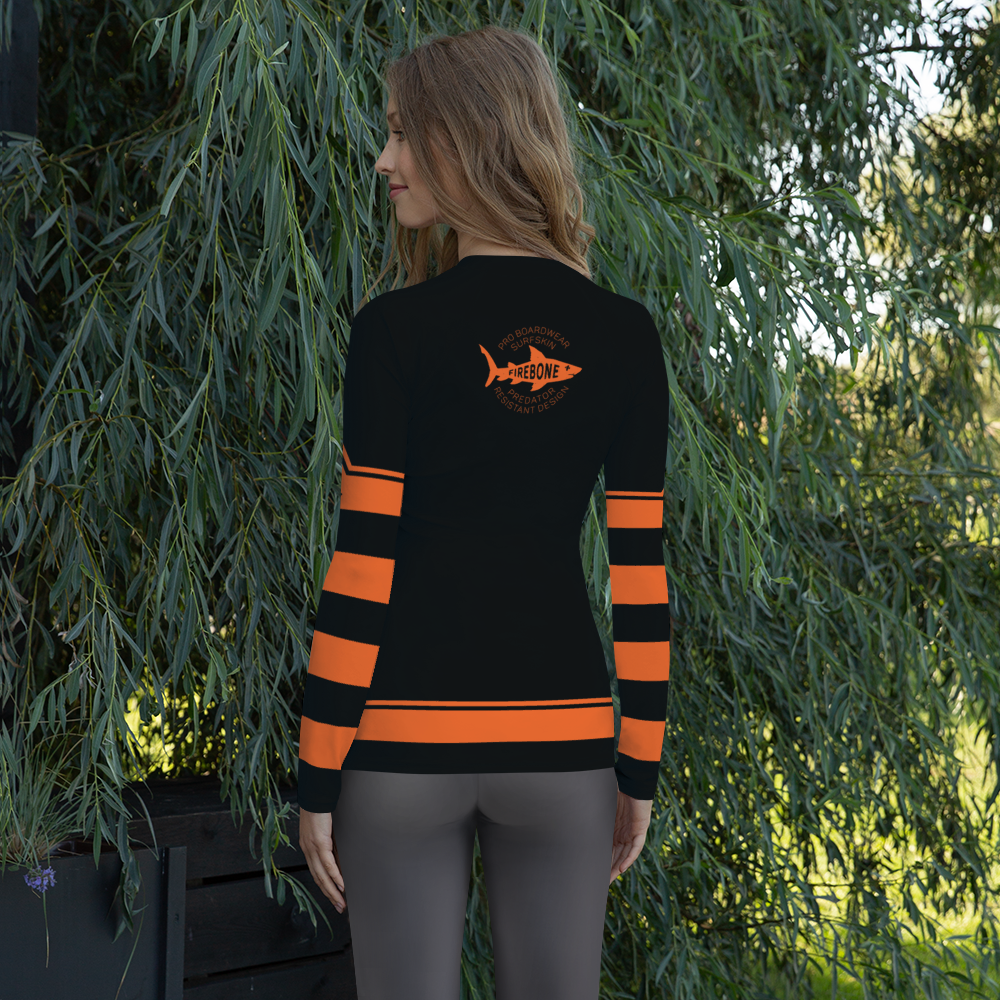 Women's Surf Skin Orange on Black Rash Guard