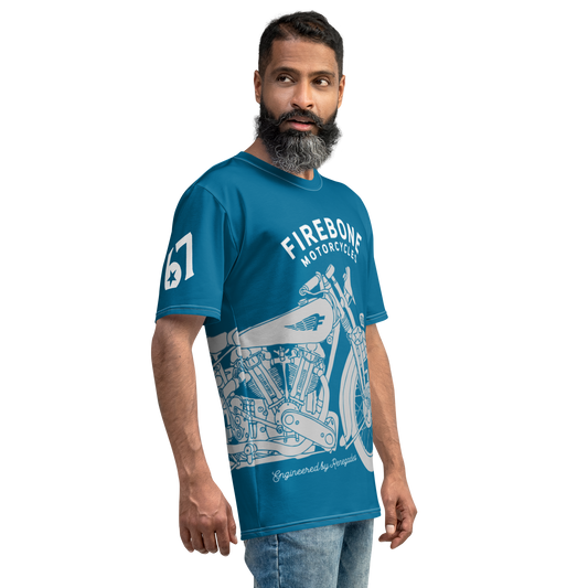 Vintage Motorcycle  - Full wrap grey on light blue t-shirt - Firebone