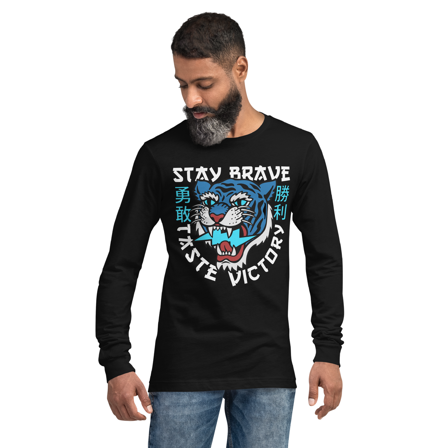 Stay Brave Tiger - Blue on black long sleeve t-shirt - Firebone