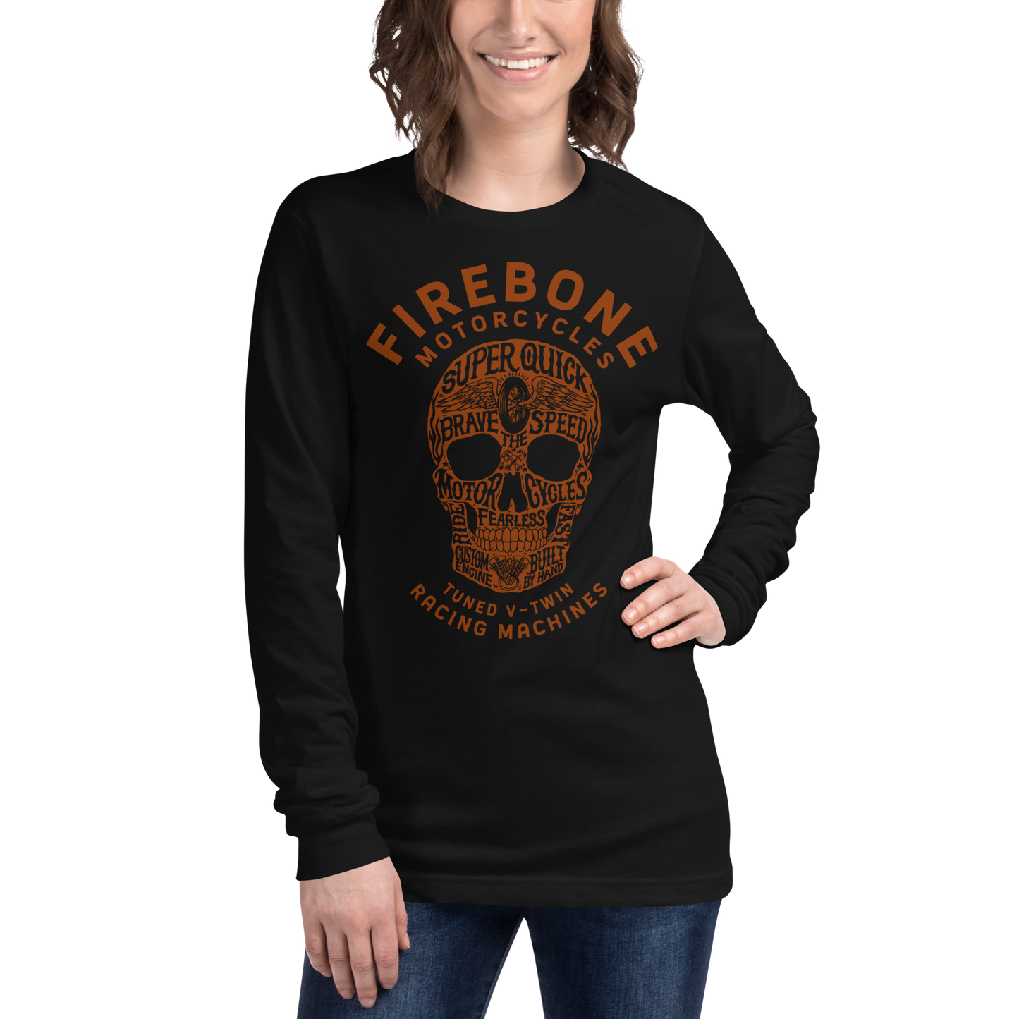 Super quick skull - Orange on dark long sleeve tee - Firebone