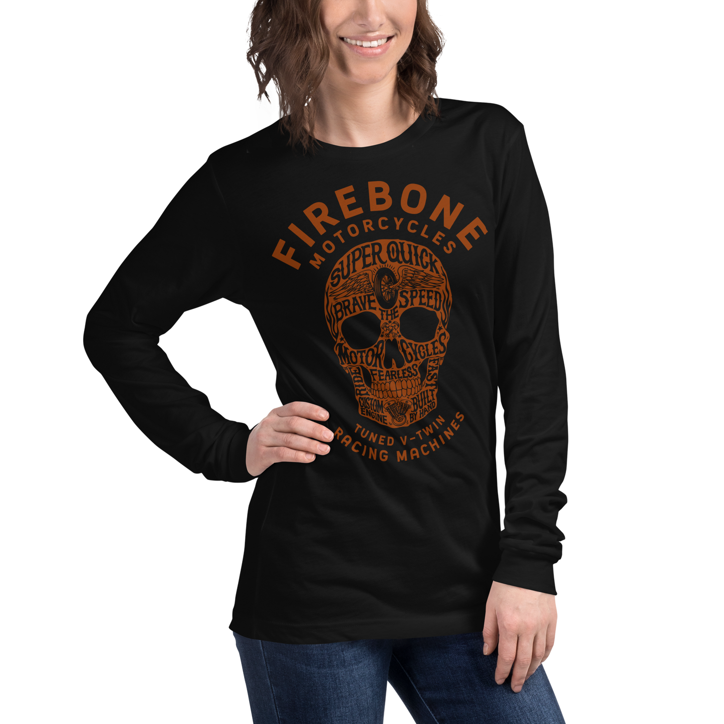 Super quick skull - Orange on dark long sleeve tee - Firebone