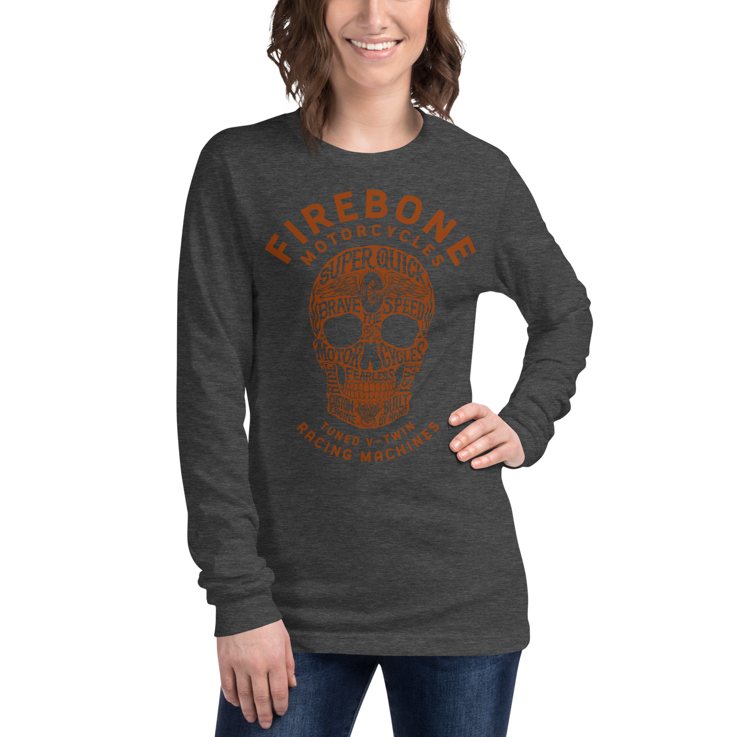 Super quick skull - Orange on dark long sleeve tee - Firebone