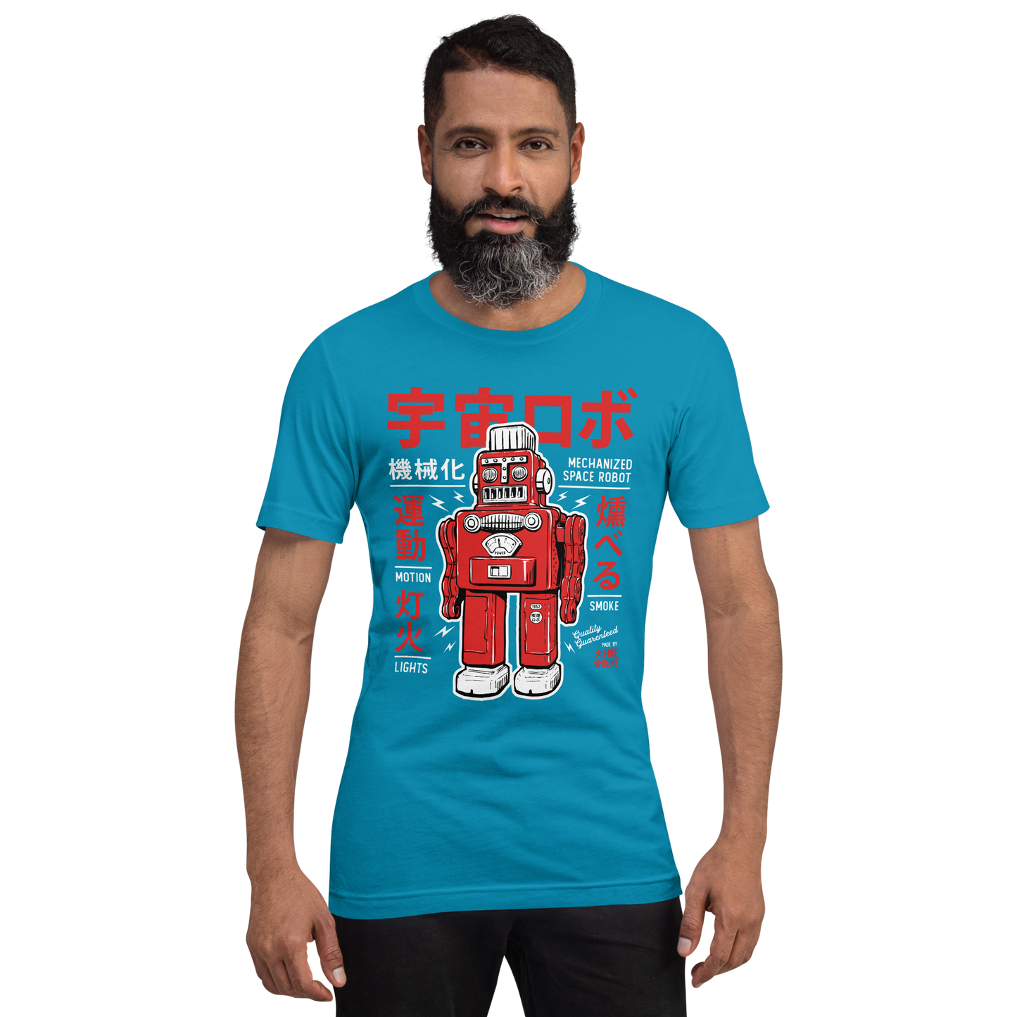 Smoking Robot - Red on aqua blue t-shirt - Firebone