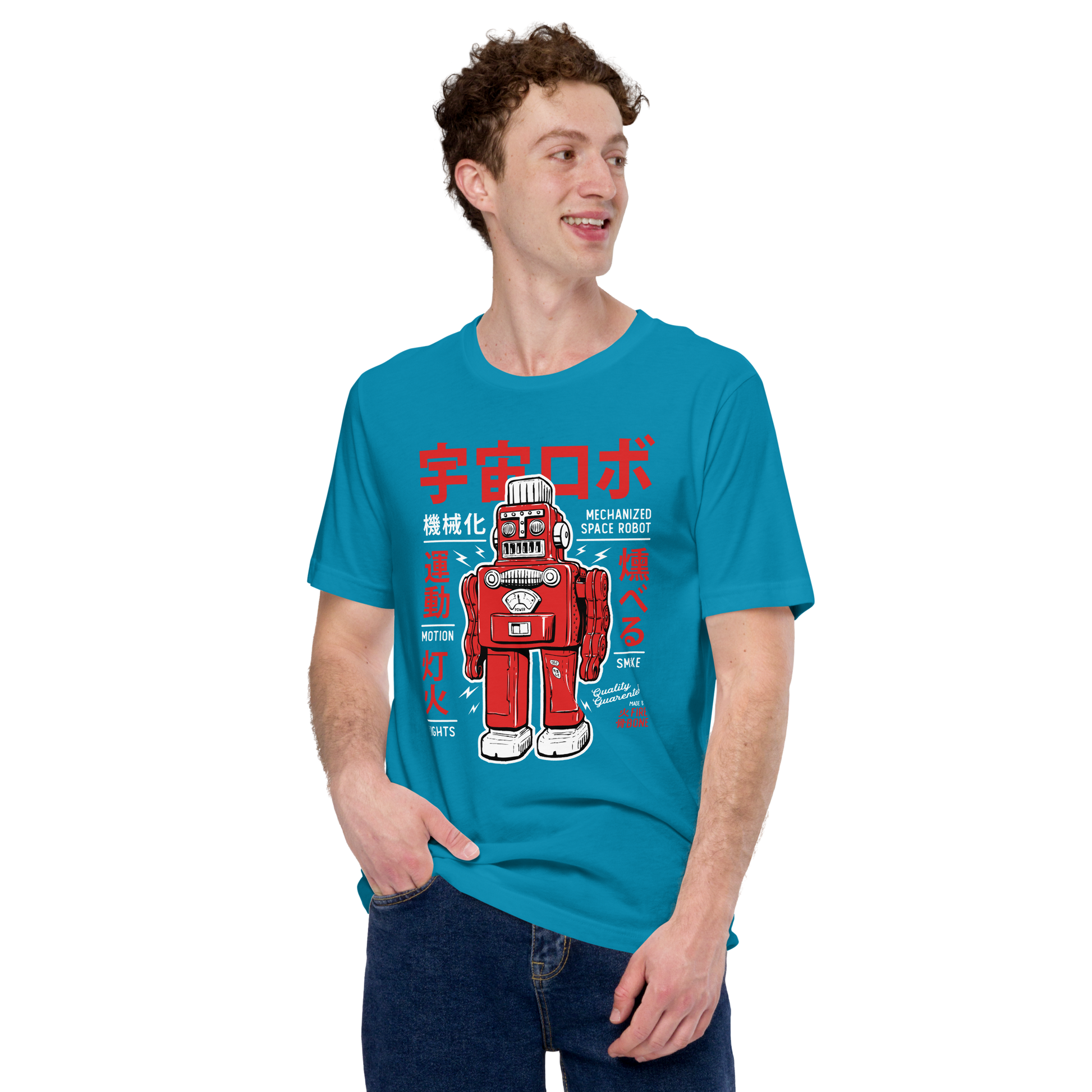 Smoking Robot - Red on aqua blue t-shirt - Firebone