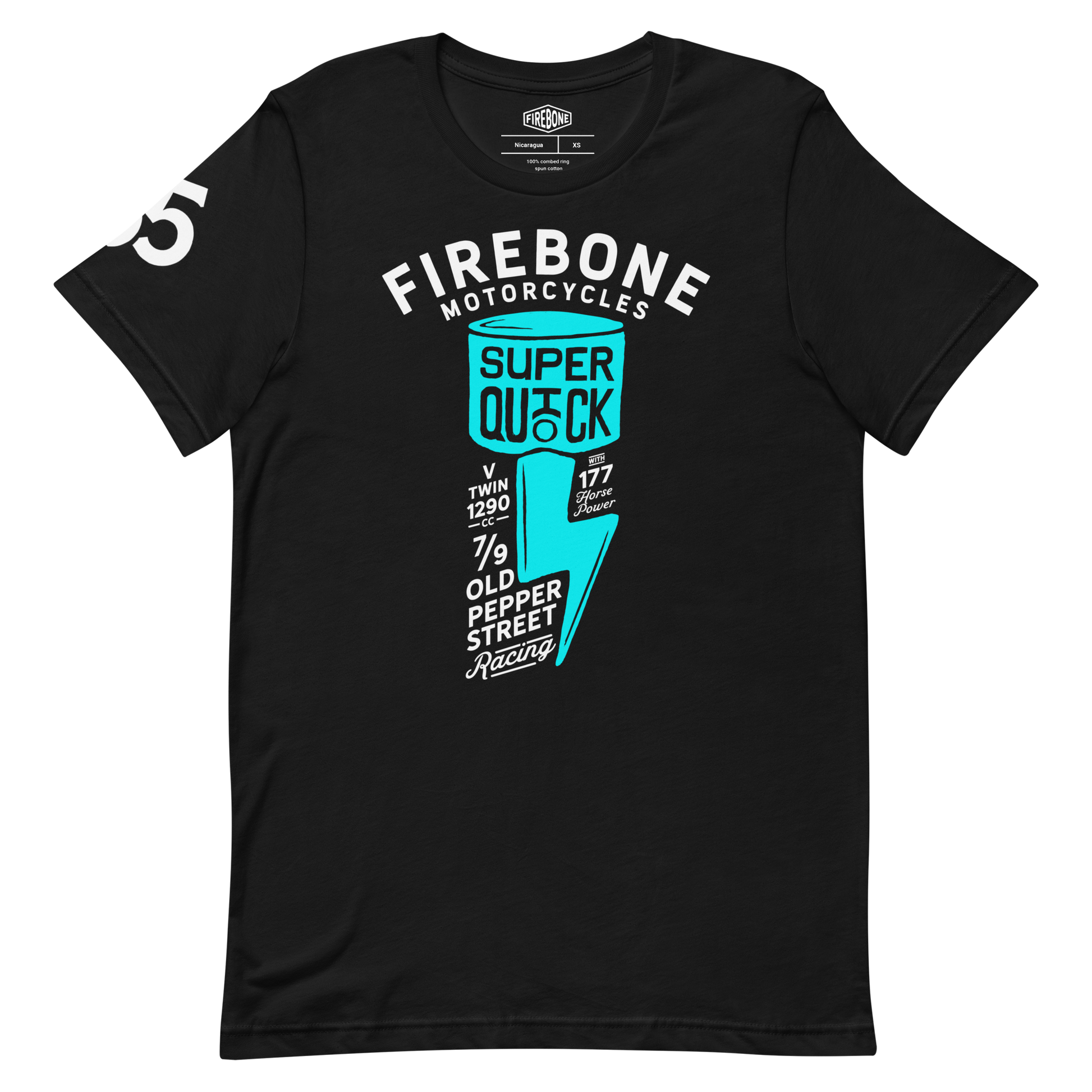 Super Quick Piston - Blue green on black t-shirt - Firebone