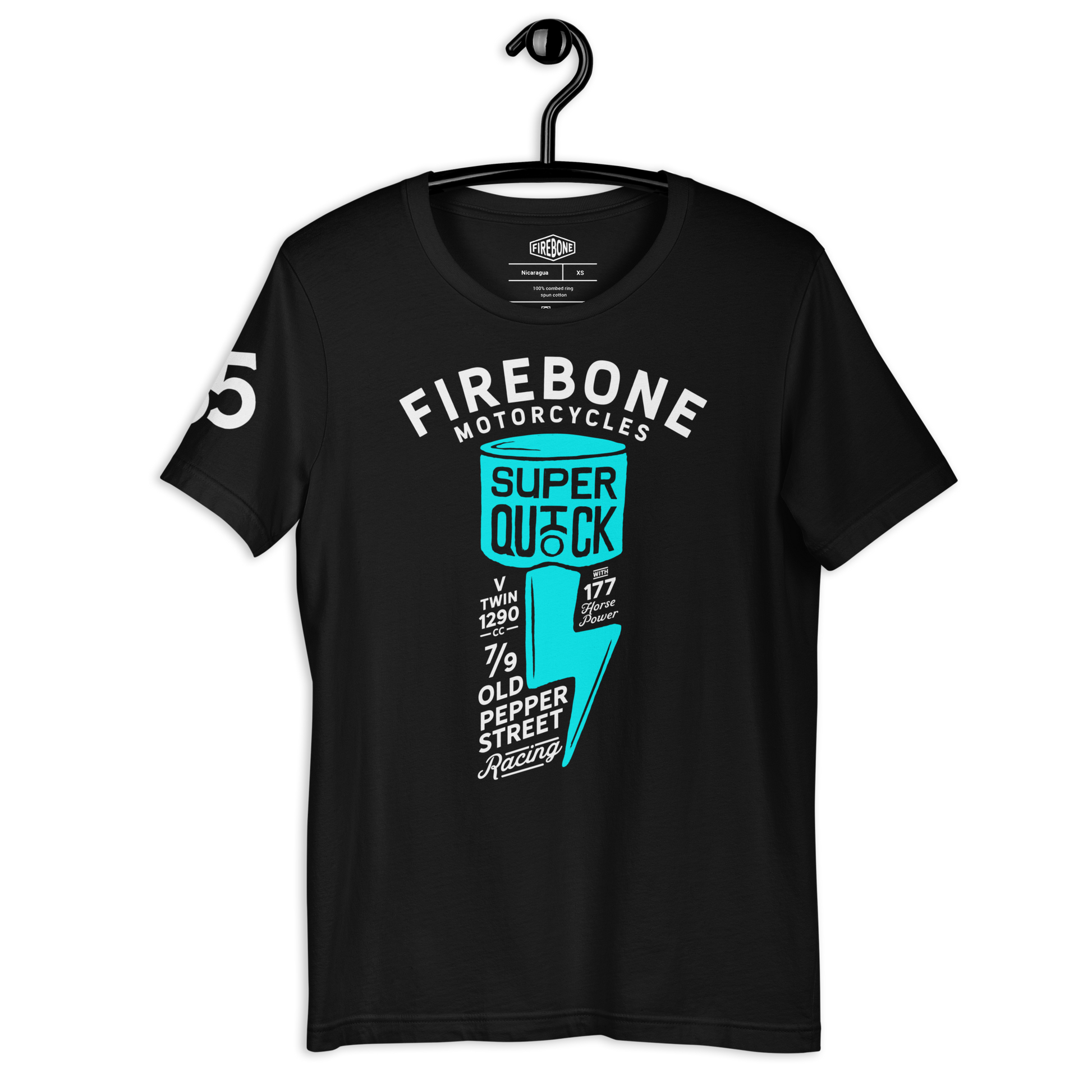 Super Quick Piston - Blue green on black t-shirt - Firebone