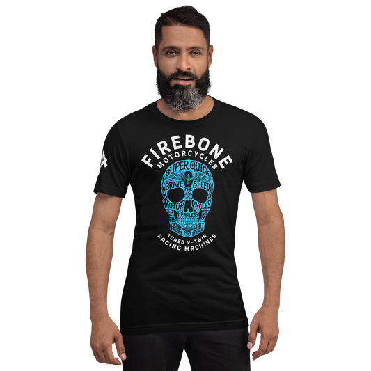 Super Quick Skull - Blue on black t-shirt - Firebone