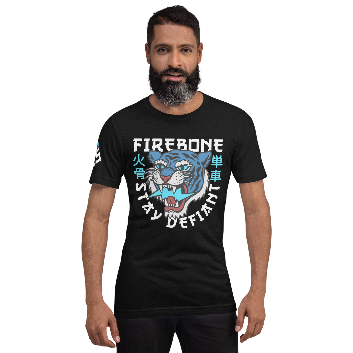 Defiant Tiger - Blue on black t-shirt - Firebone