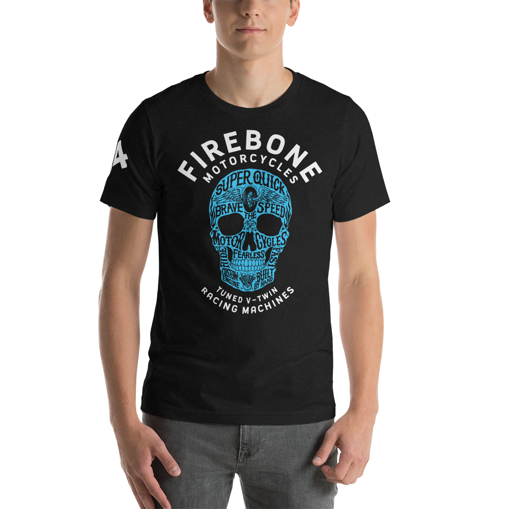 Super Quick Skull - Blue on black t-shirt - Firebone