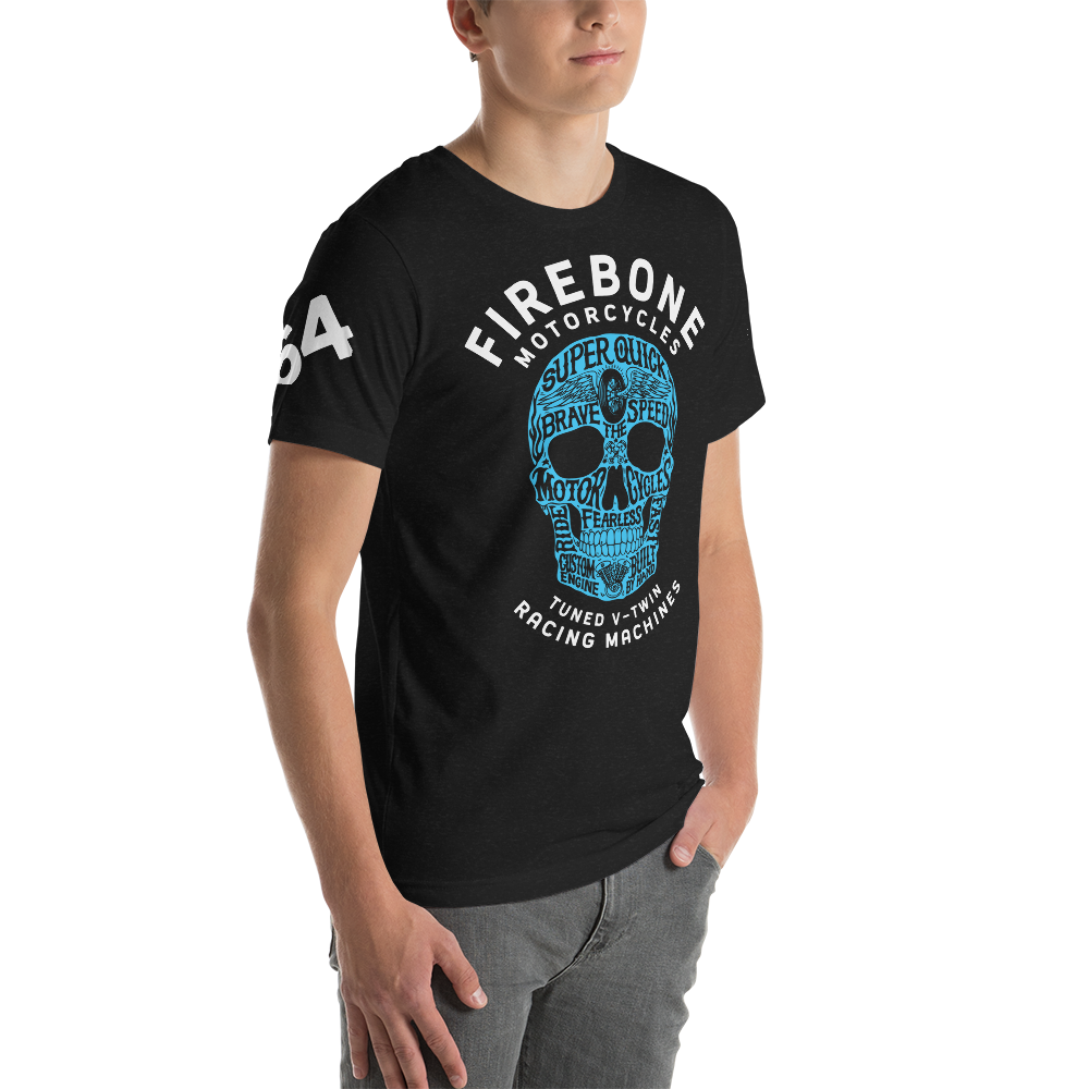 Super Quick Skull - Blue on black t-shirt - Firebone