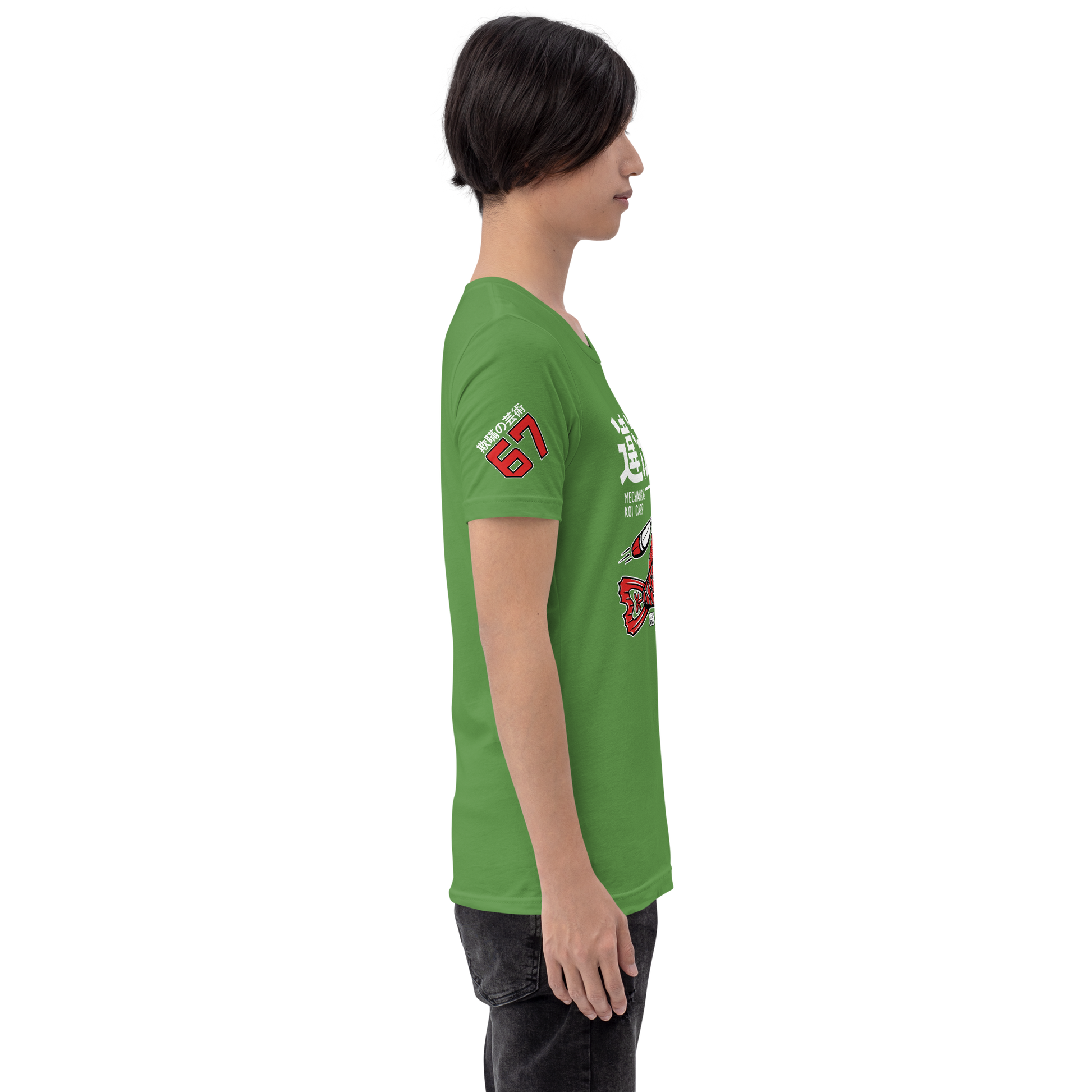 Tin Koi - Red on leaf green t-shirt - Firebone