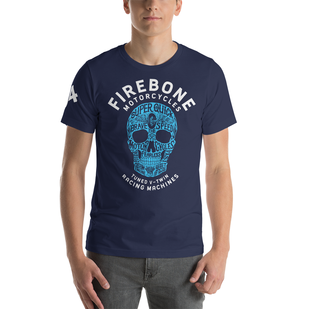 Super Quick Skull - Blue on black t-shirt - Firebone