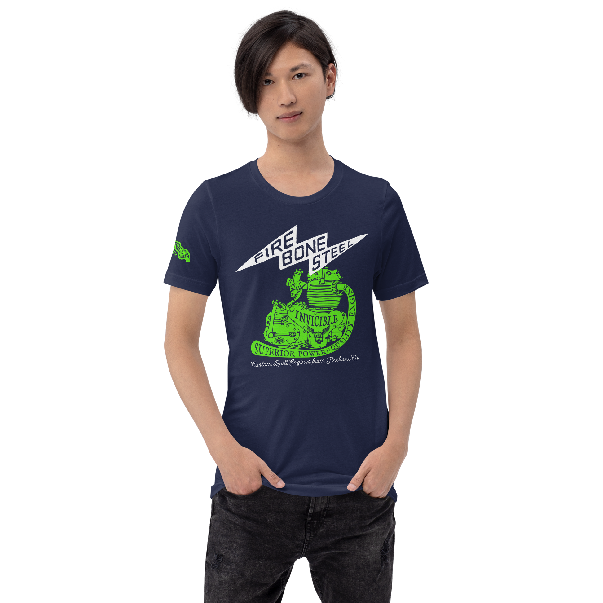 Firebone Steel - Green on navy t-shirt - Firebone